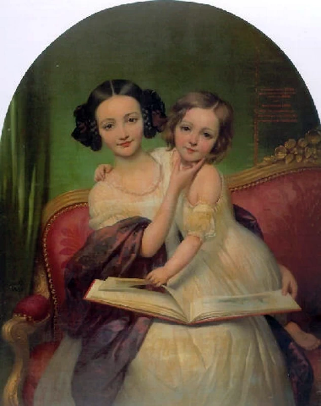 44-Joseph-Désiré Court-Ritratto di Marguerite Louise Cibiel e Marie Aglaure Cibiel sedute su un divano, che sfogliano un libro 